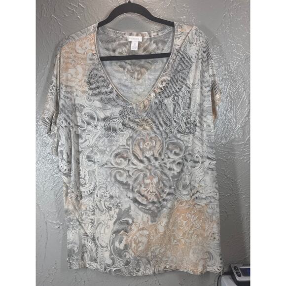 Chico's Womens Top Pink Beige Scroll Damask Print V Neck Size 3 US XL/16 - Picture 1 of 4
